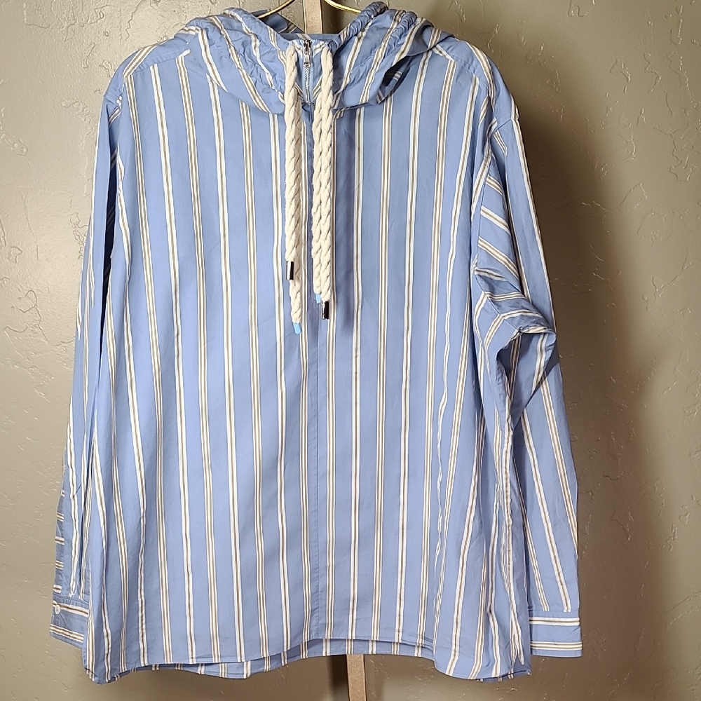 AKNVAS Blue Striped 100% Cotton Half Zip Hoodie Shirt M Made in USA Oversized‎